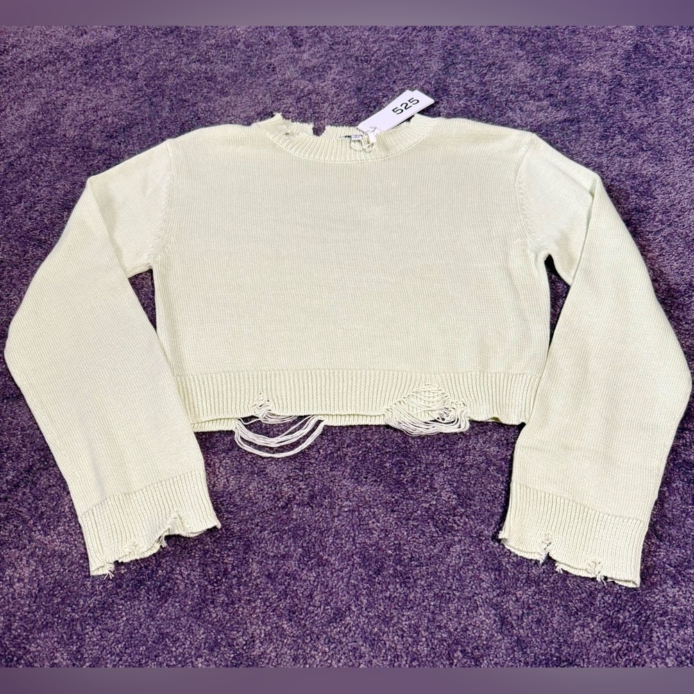 NWT 525 America Mint Green Distressed Cropped Cotton Crew Sweater Women Small